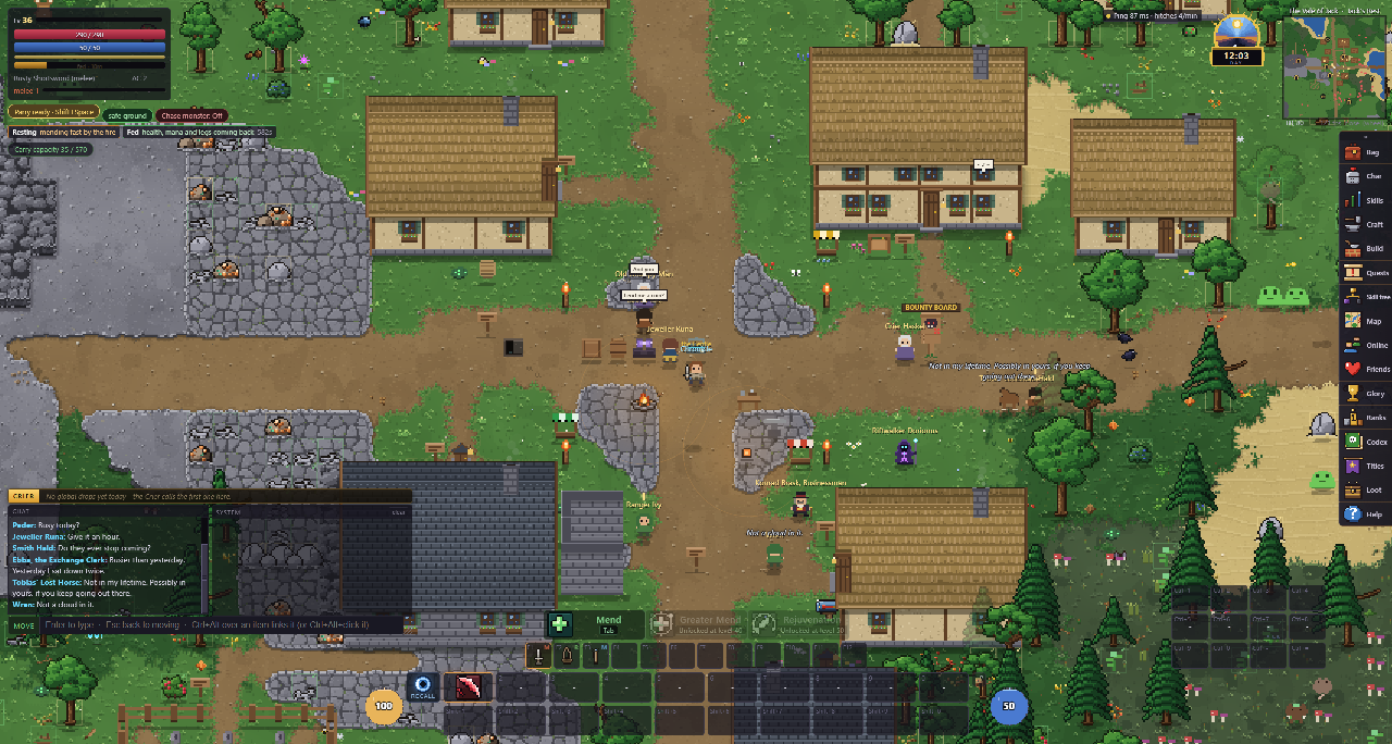 The village at midday: houses, the Bounty Board, villagers and the road north